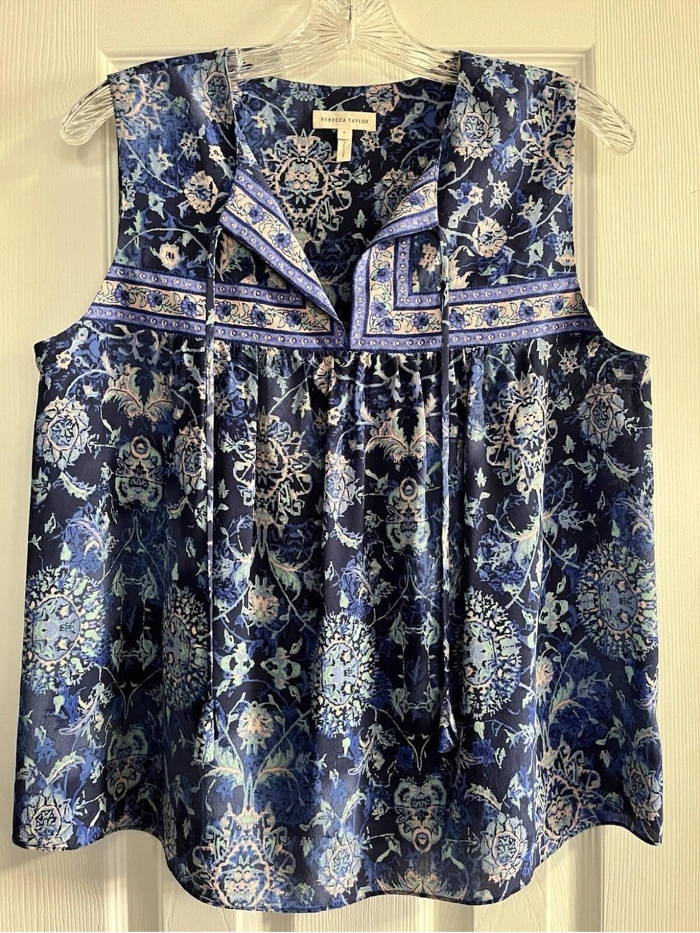 Rebecca Taylor Navy and Light Blue Printed Silk Sleeveless Top